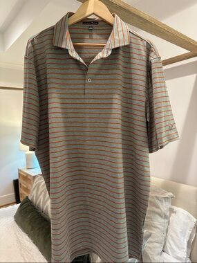 Striped Polo Shirt in Sage Green and Rust by Peter Millar